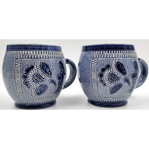 2 Marzi Remy 3141 Pottery Mug German Stein Blue Engraved Floral Cup 1950 - 1970